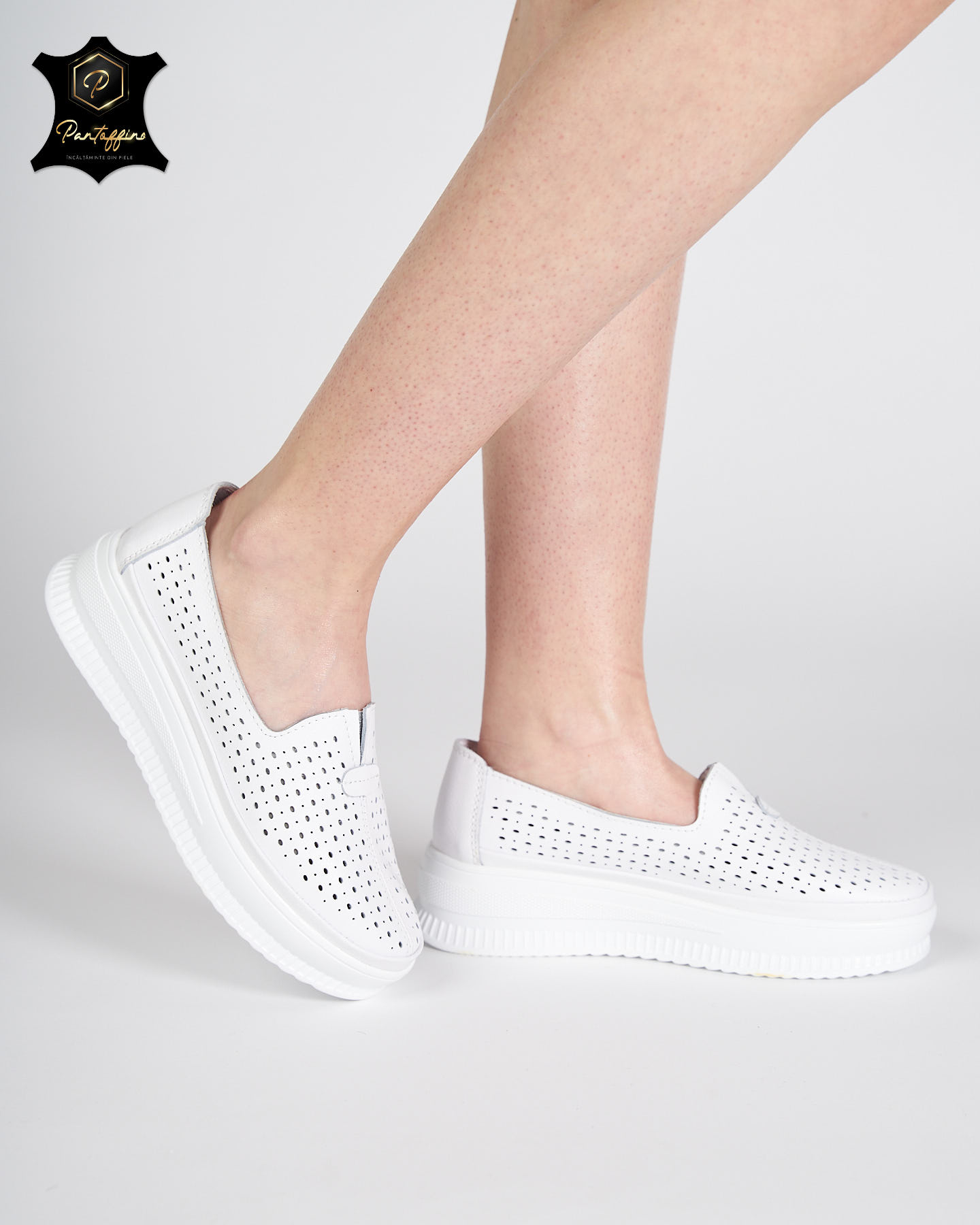Pantofi albi Casual Dama Piele Perforata