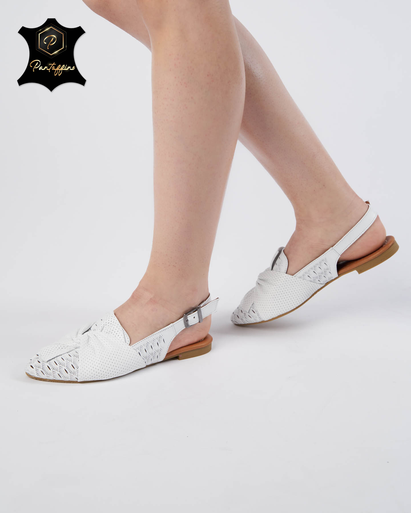 Sandale Albe Dama Piele Perforata cu bareta